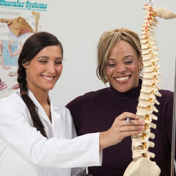 chiropractor showing woman the spine