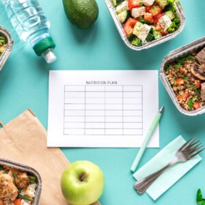 Healthy foods surrounding a paper that reads "Nutrition Plan"