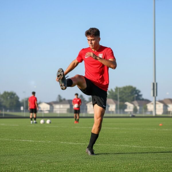 A young male athlete in a red jersey performs a dynamic leg swing on a sunny green sports field.