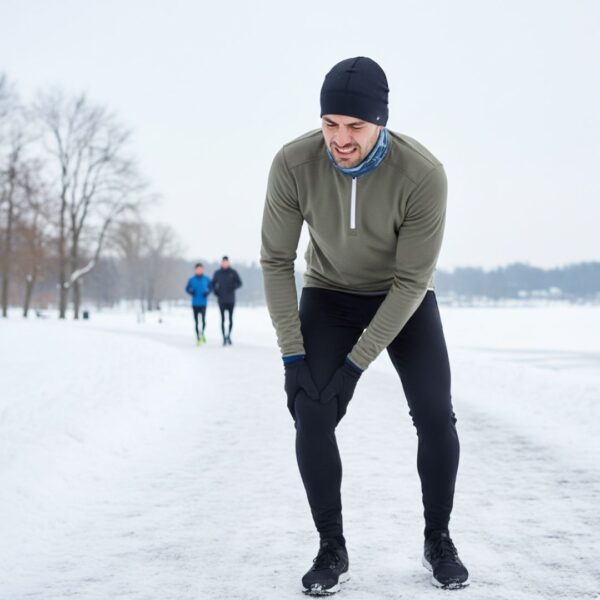 A male athlete, dressed in winter running gear, clutches his calf with a pained expression on a snowy path.