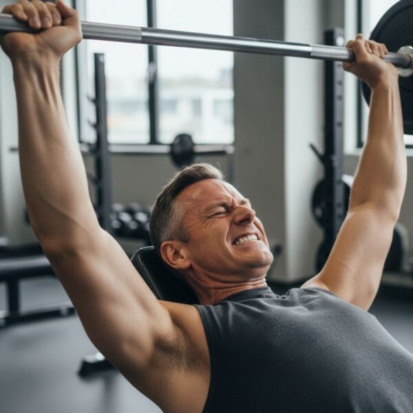 Middle-aged man straining to chest press a barbell with intense focus