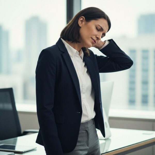 A woman in professional attire gently massages her neck with a pained expression in a modern office.