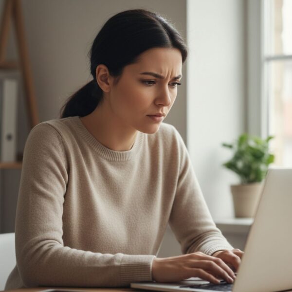 A woman with a furrowed brow intensely focuses on her laptop, showcasing a look of concentration or stress.