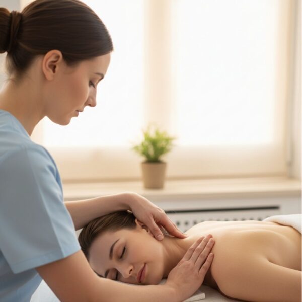 A massage therapist gently works on a client's neck and shoulders, who lies face down with a serene expression.