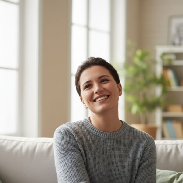 A woman with a bright smile looks upward, appearing relaxed and content while seated on a sofa.