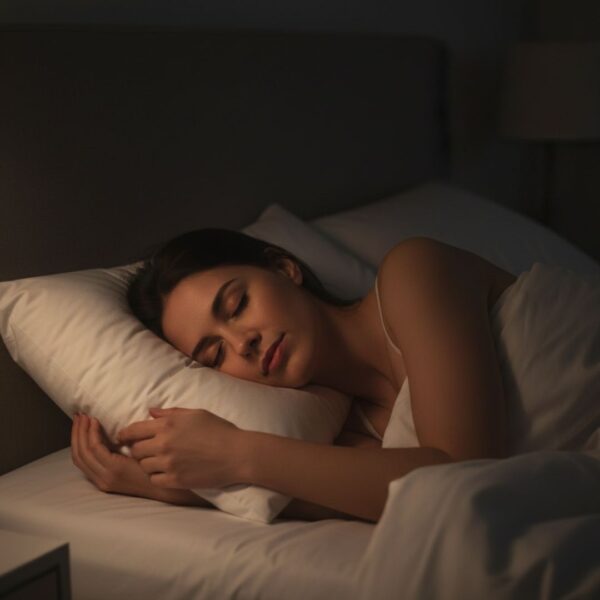 A woman sleeps peacefully in a soft, well-lit bed, looking deeply relaxed.