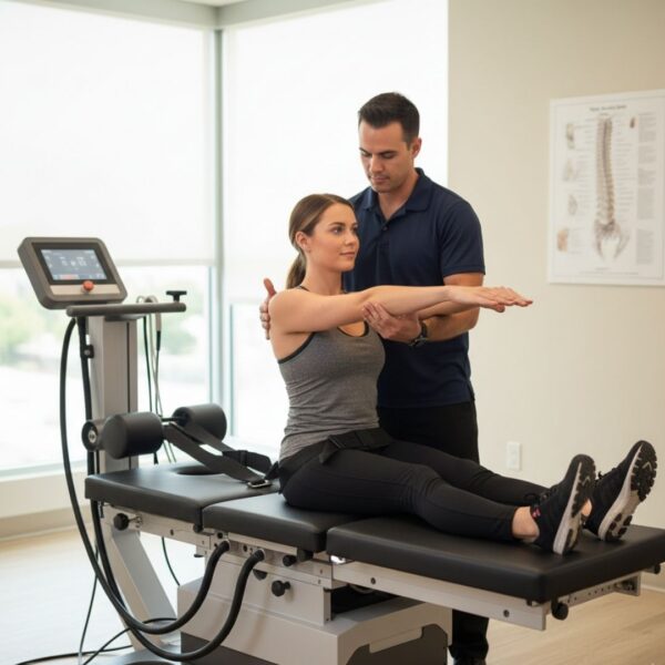 A specialist guides a patient through a corrective exercise using advanced spinal decompression equipment.