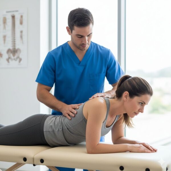 A male practitioner provides professional guidance to a woman performing a rehabilitative plank exercise on a treatment table.