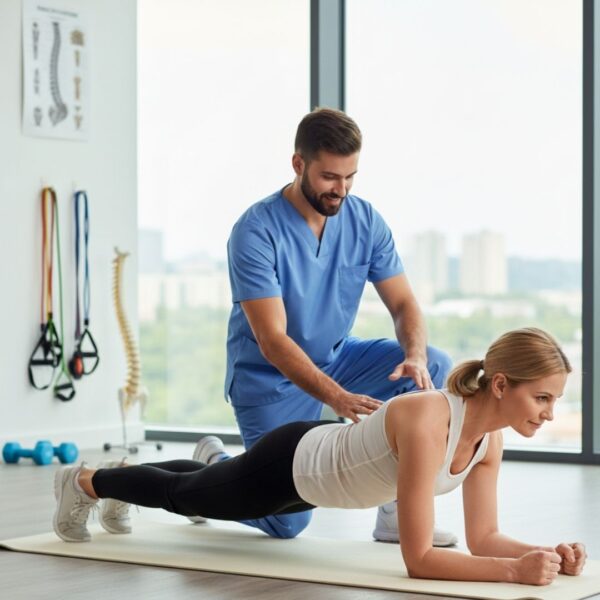 A therapist monitors a patient's form during a stability exercise in a modern, well-lit wellness center.