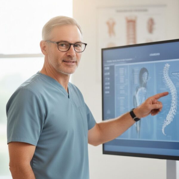 A professional clinician points to a digital spinal scan to explain the DMR Method process.
