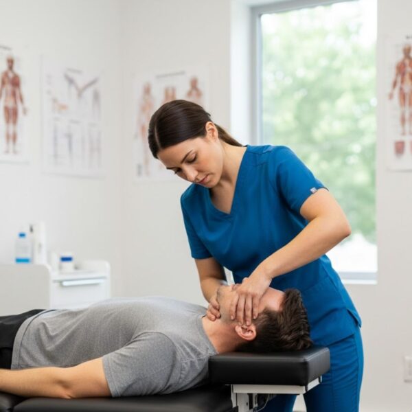 A professional female chiropractor performing a precise neck adjustment on a male patient lying on a treatment table.