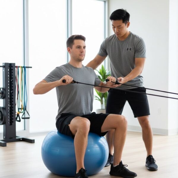 A male patient sitting on a blue stability ball while performing resistance band exercises under the guidance of a physical therapist.