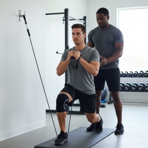 A male athlete with a knee brace performing a guided lunge with resistance bands during a physical therapy session.
