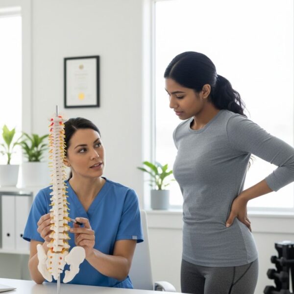 A healthcare professional using a spinal model to explain the benefits of alignment and wellness to a patient during a consultation.