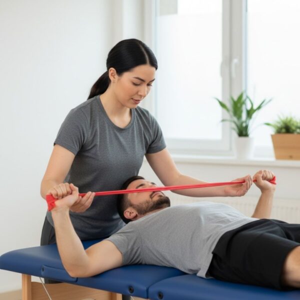 A female therapist assists a man with a resistance band exercise to improve shoulder mobility in a clean, clinical setting.
