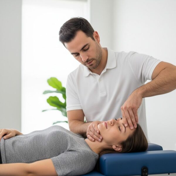 A healthcare professional performs a precise manual neck adjustment on a female patient lying on a specialized chiropractic table.
