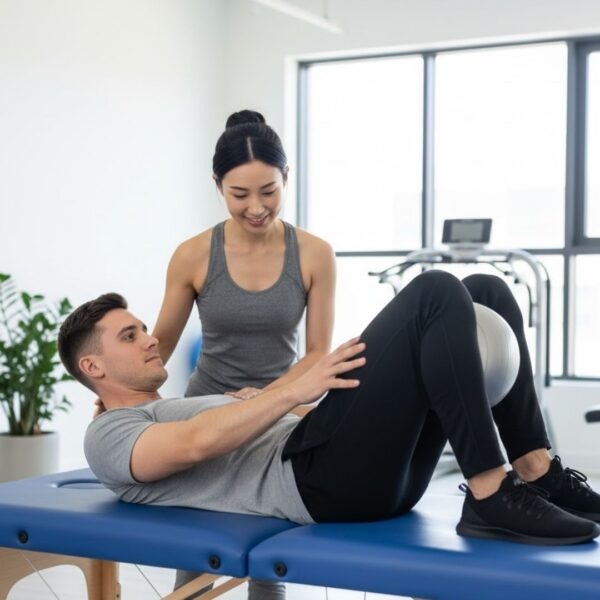 An instructor monitors a man performing core stabilization exercises with a small fitness ball on a blue treatment plinth.