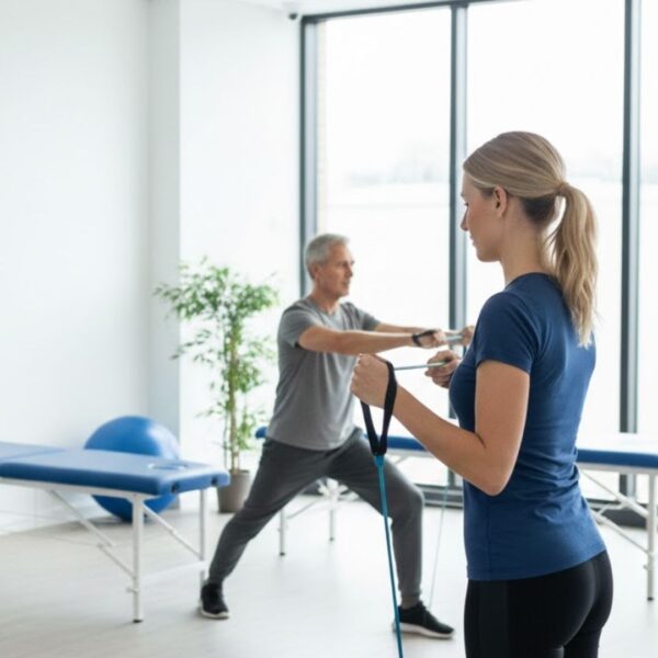 A physical therapist leads a male patient through a functional strength routine using resistance bands in a sunlit rehab studio.